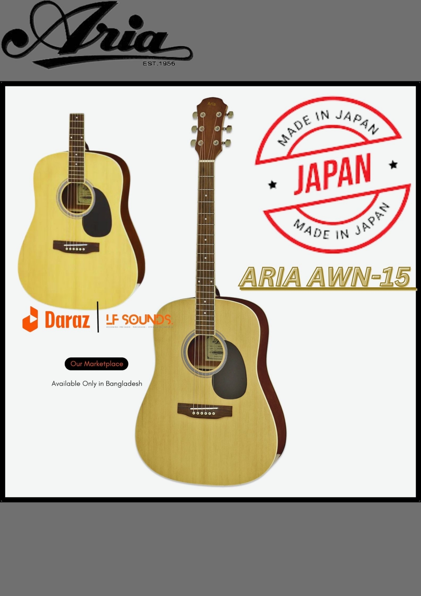 Picture of ARIA AWN-15 NATURAL DREADNOUGHT ACOUSTIC GUITAR COMBO WITH BAG,PICKS,TUNER AND STRAP