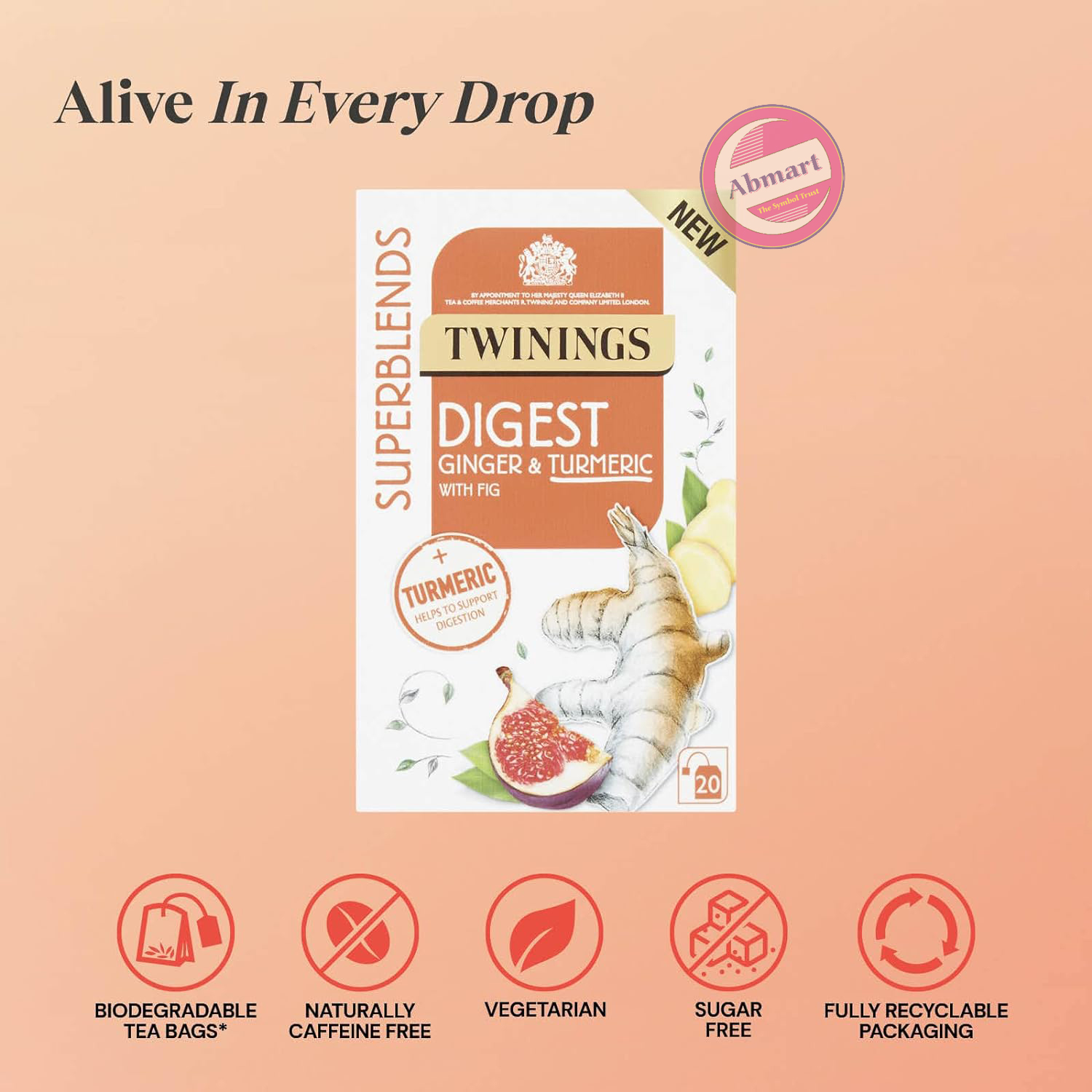 Picture of Twinings Superblends Digest Tea - Ginger & Turmeric Herbal Tea Infusion with Fig, Fruit Tea to Support normal Digestion, 20 Biodegradable Tea Bags