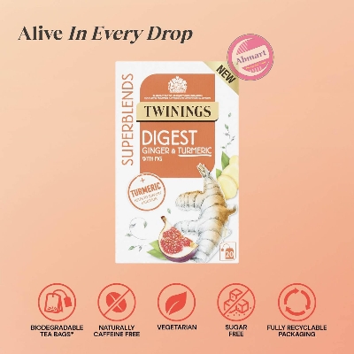 Picture of Twinings Superblends Digest Tea - Ginger & Turmeric Herbal Tea Infusion with Fig, Fruit Tea to Support normal Digestion, 20 Biodegradable Tea Bags