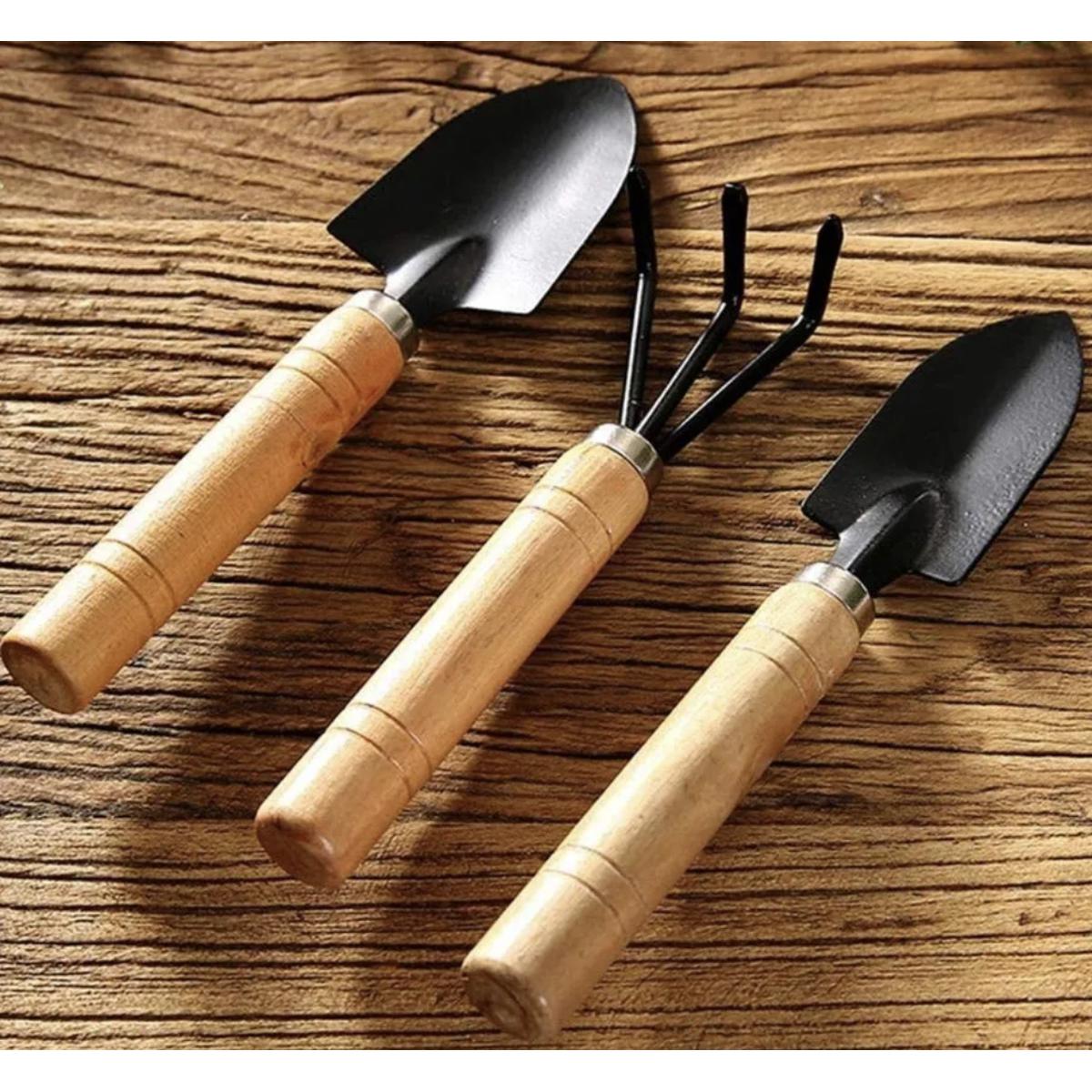 Picture of 3pcs Mini Garden Shovel Rake Spade Erramientas Bonsai Tools Set Wooden Handle For Flowers Potted Plant