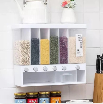 Picture of Rice Dispenser Large 6 Grid 10L Rice Wall Mounted Grain Container Storage Cereal Dispenser Pressed Sealed Dry Food Soybean Corn Storage Bin for Home Kitchen