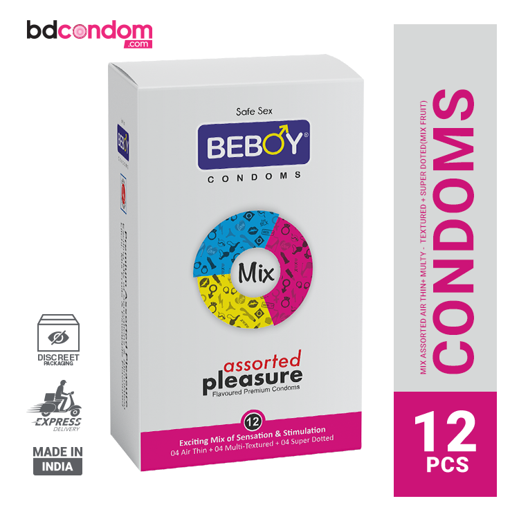 Picture of Beboy Mix Extra Assorted Dotted-Ribbed-Contoured-Bulged (Mix Flavoure) Condom - 12Pcs Pack(India)