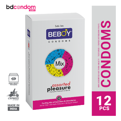 Picture of Beboy Mix Extra Assorted Dotted-Ribbed-Contoured-Bulged (Mix Flavoure) Condom - 12Pcs Pack(India)