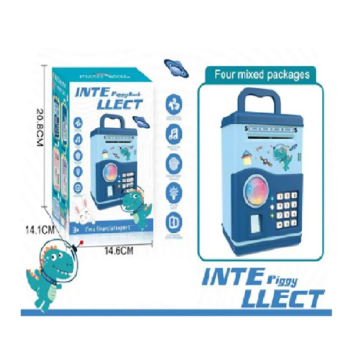 Picture of Light music fingerprint unlock automatic roll money piggy bank, Kids Money Bank Password Code Lock Fingerprint Birthday Auto Scroll Money Electronic ATM Toy for Kids