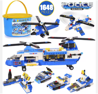 Picture of City Police Armed Transport Helicopter Building Blocks Learning and Roleplay Construction Toy Gift with Plane, Police Boat, Ship