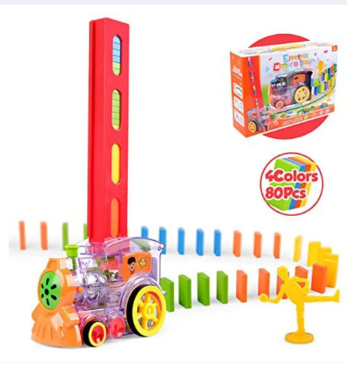 Picture of Domino Train Toy Set Rally Electric Train Model with 80 Pcs Colorful Domino Building Blocks Car Truck Vehicle Stacking