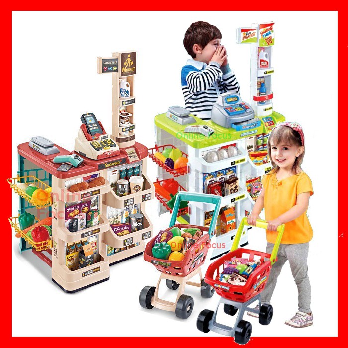 Picture of Children's Simulation Supermarket Shopping Cart Set Lighting Music Fruit And Vegetable cart toy trolley Family Toys 2023