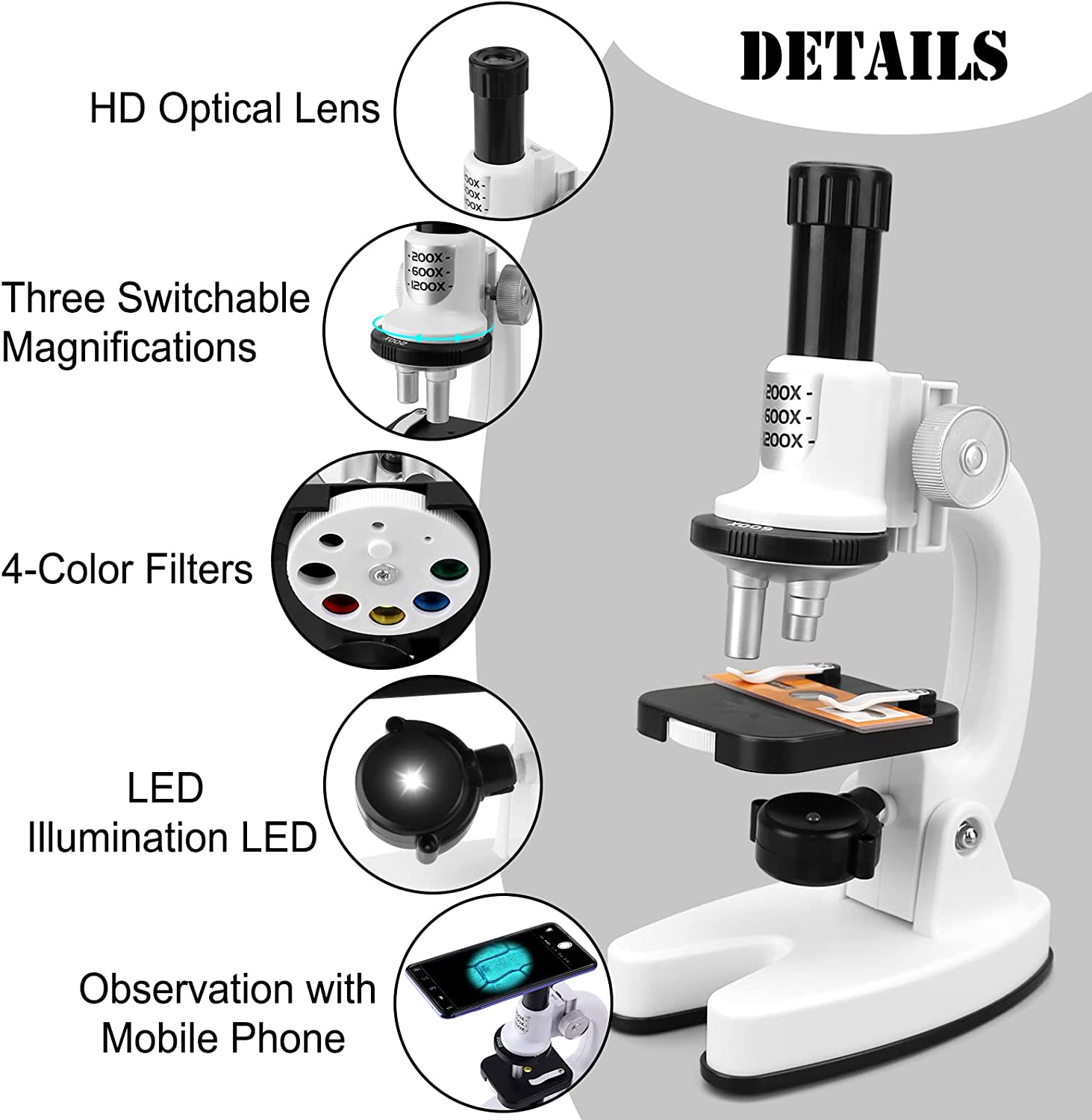 Picture of Kids Microscope Toy for Kids, Science Microscope for Kids Beginners Scientific Experience LED Microscope with Microscope Blades Set, Colored Filters, Phone Holder