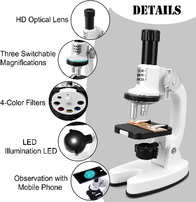 Picture of Kids Microscope Toy for Kids, Science Microscope for Kids Beginners Scientific Experience LED Microscope with Microscope Blades Set, Colored Filters, Phone Holder