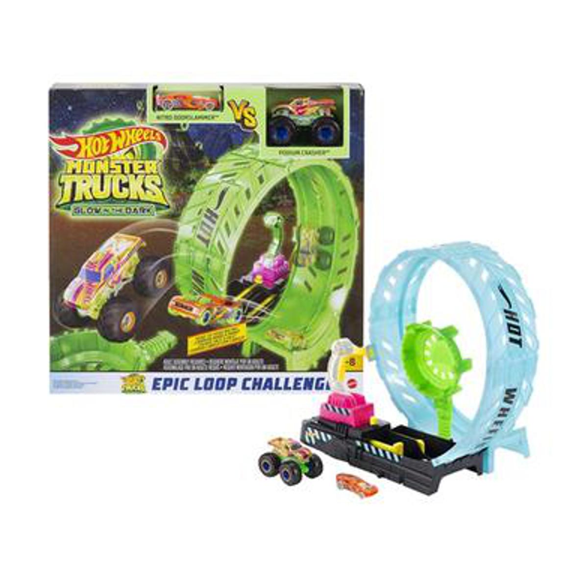 Picture of Hot Wheels Trucks Glow-In-The Dark Epic Loop Challenge Playset with Ramp and Giant Loop Includes 1:64 Scale Die-Cast Truck and 1 Car-HBN02