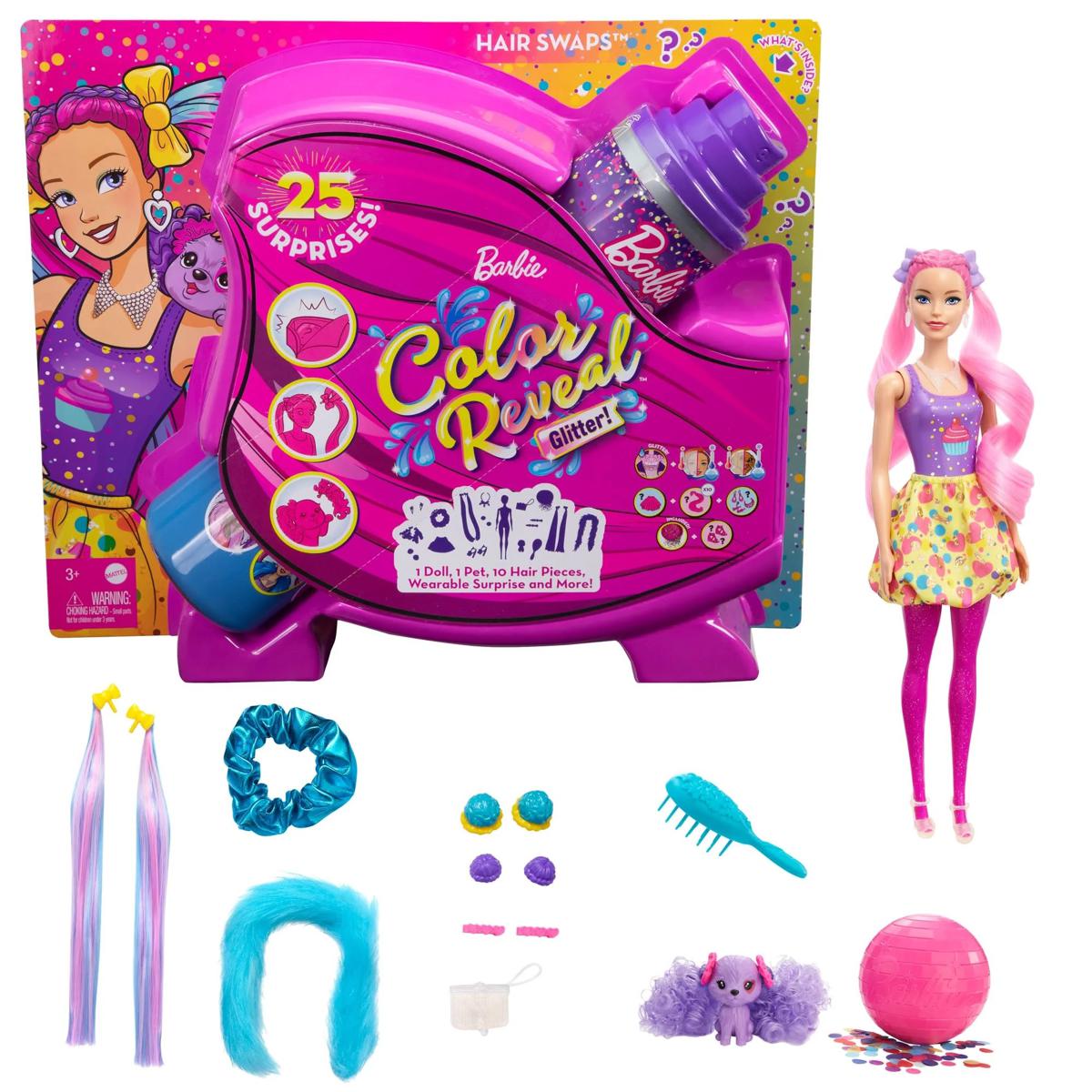 Picture of Barbie HBG39 - Colour Reveal Balloon Hair Change Doll Glitter Purple Playset with 25 Surprises for Hair Styling and Party Toys