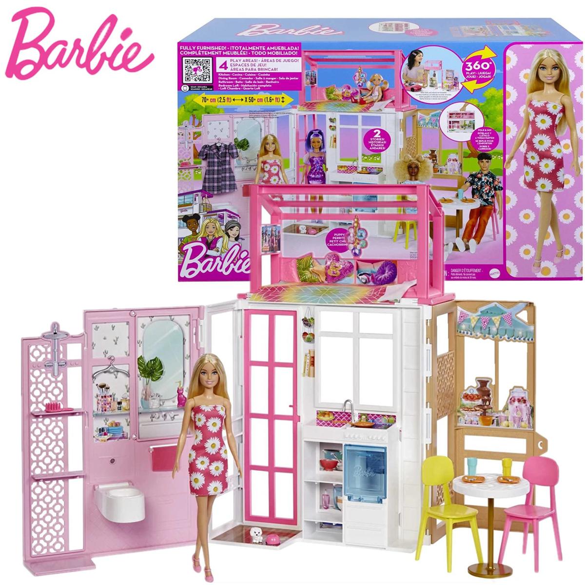 Picture of Barbie Dollhouse with Doll and pet 2 Levels and 4 Play Areas Fully Furnished for kids-HCD48