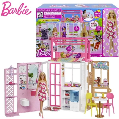 Picture of Barbie Dollhouse with Doll and pet 2 Levels and 4 Play Areas Fully Furnished for kids-HCD48
