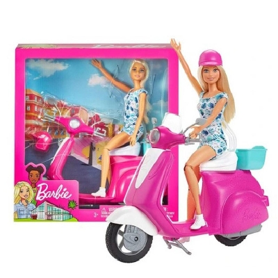 Picture of Barbie Doll With Blonde and Scooter with Kickstand and Teal Basket for Kids-GBK85