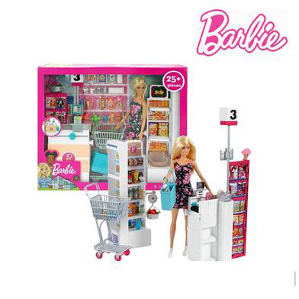 Picture of Barbie Super Market Playset Blonde and Grocery Store with Rolling Cart and Work Belt- FRP01