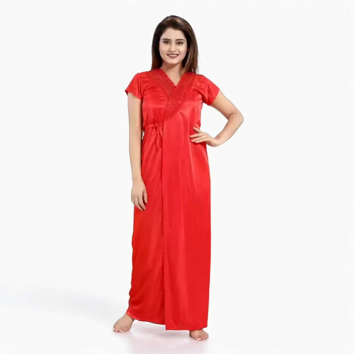 Picture of Long Indian Night Dress for Women - Lycra Platinum Fabric with Lace Details