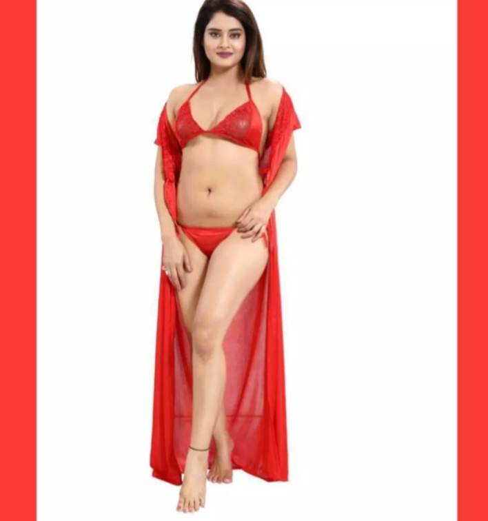 Picture of Silk Three Part Nighty - Classic Night Dress for Women - Comfortable Wear - Embrace in All-Season Comfort and Timeless Elegance