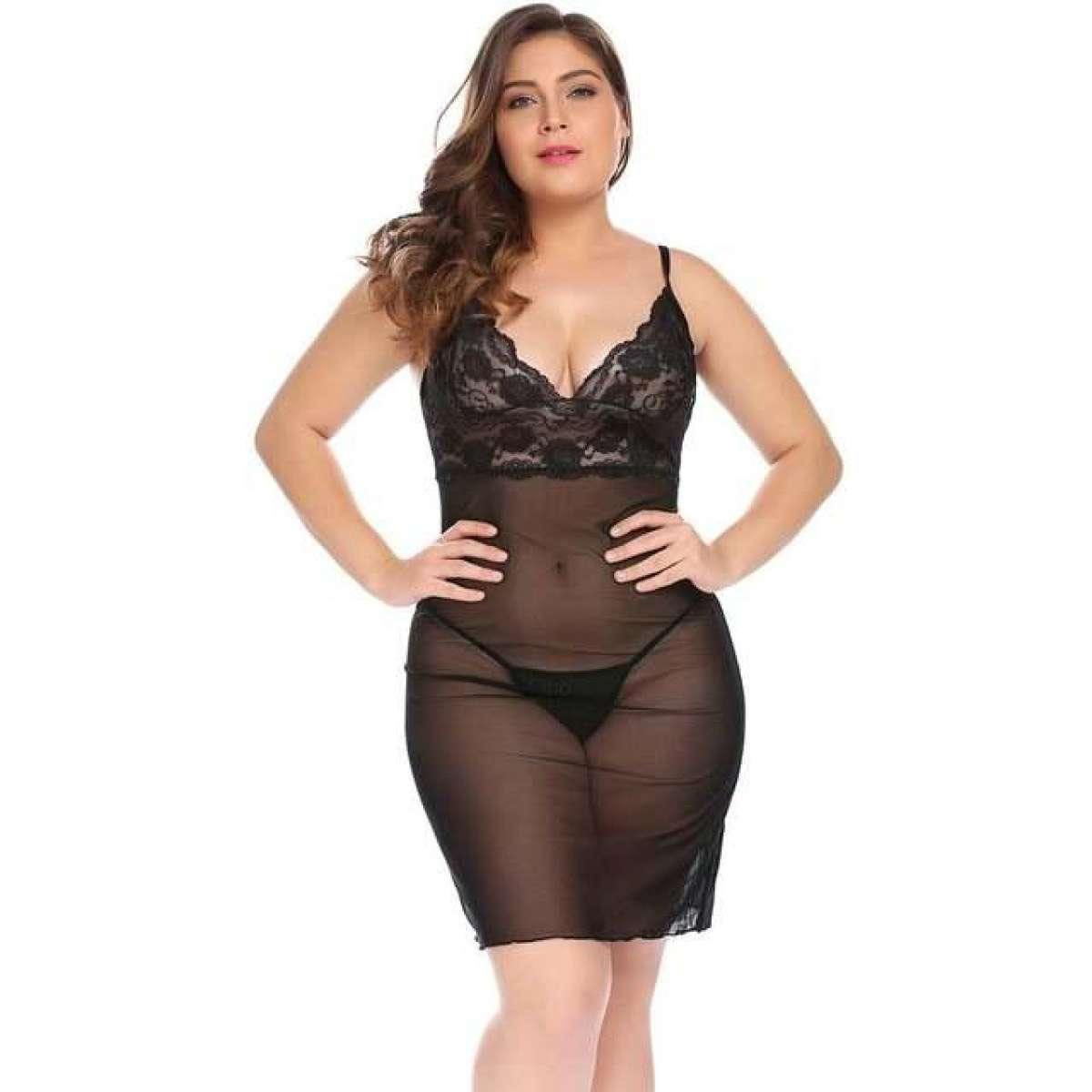 Picture of Plus Size Women Sexy Nightgown Nightie Sleepshirts Dress Night Dress Lingerie Nighty Sheer Babydoll (N2Black)