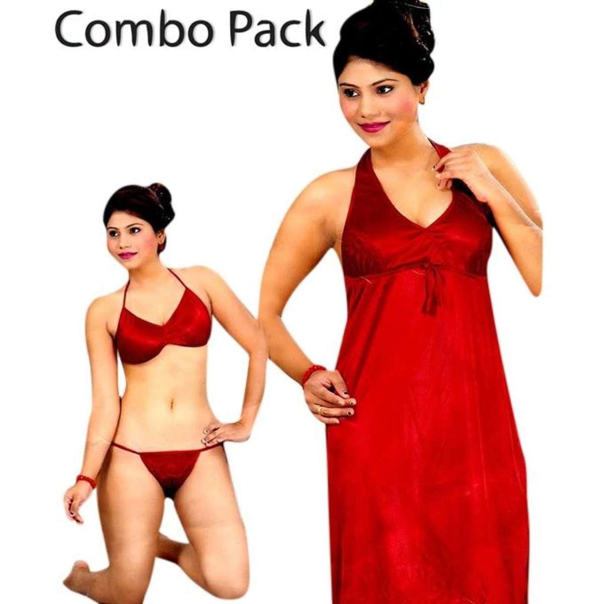 Picture of Red Satin Princess Baby Doll Night Gown and Bikini Combo for Women