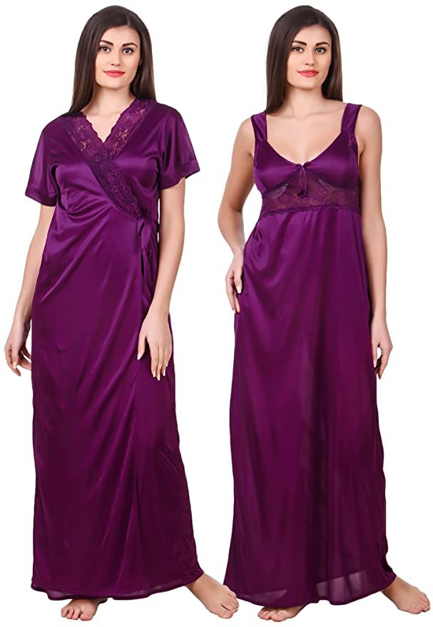 Picture of High Quality Silk Cotton Two Part Nighty for Women Elegant Blue Indian Silk Cotton Two Piece Night Dress ,Stylish Indian Two Part Nighty