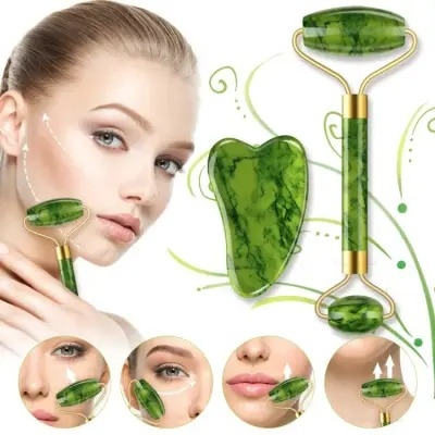 Picture of Facial Beauty - Jade Face Roller & Gua Sha Tools Set Natural Jade Facial Massage Kit for Anti-Aging Beauty Treatment
