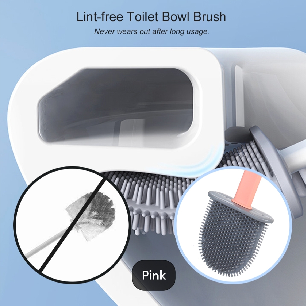 Picture of Silicone Toilet Brush with Toilet Brush Holder Creative Cleaning Brush Set for home with wear-resisting prop Flat Toilet Brush with Holder Silicone Toilet Bowl Cleaner Brush with Caddy Flexible Non-scratch TPR Bristles for Bathroom Easy Under Rim Cleaning
