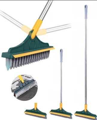 Picture of 2 in 1 Cleaning Scrub Brush Grout Brush Scrape Floor Scrub Brush with Long Handle V-Shape Stiff Bristle Brush Scrubber with Squeegee 120°Rotating Magic Broom Brush for Cleaning Bathroom Glass Wall
