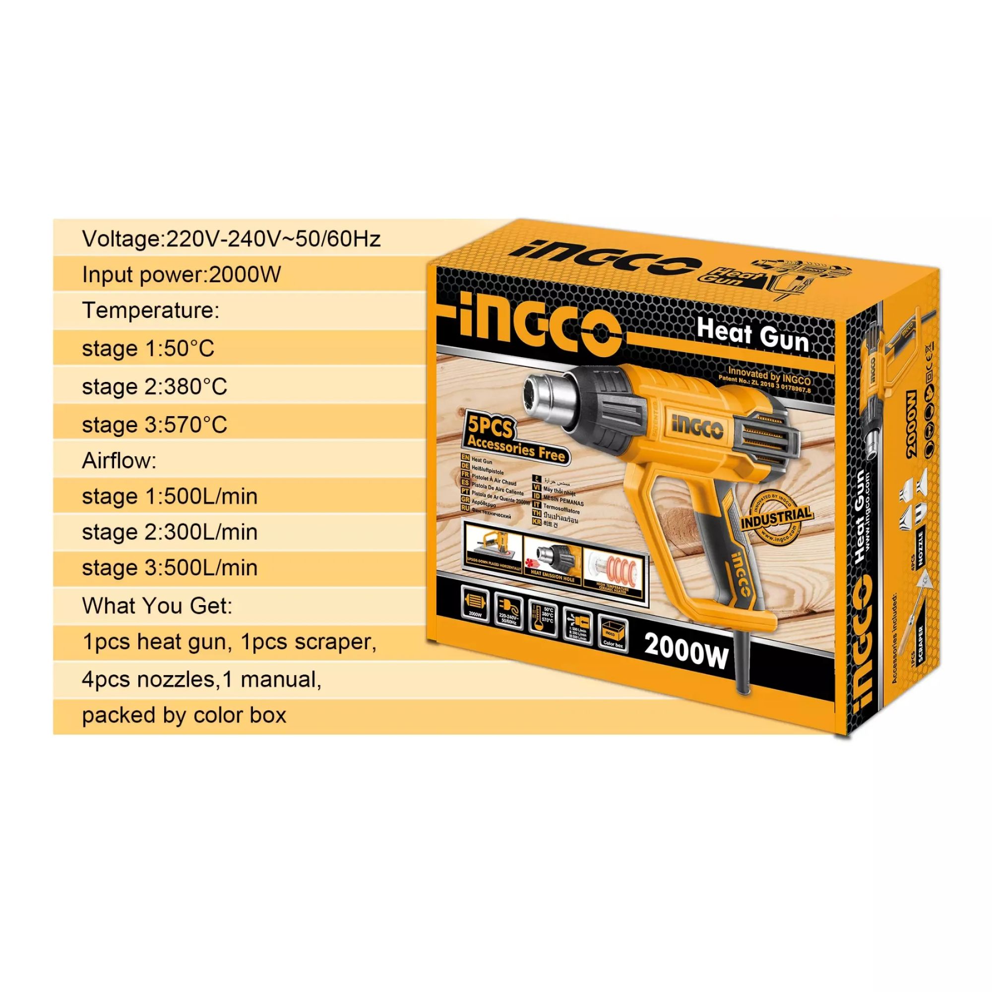 Picture of INGCO 2000W Upgraded Corded Heat Gun with 3 Temperature Levels HG200047