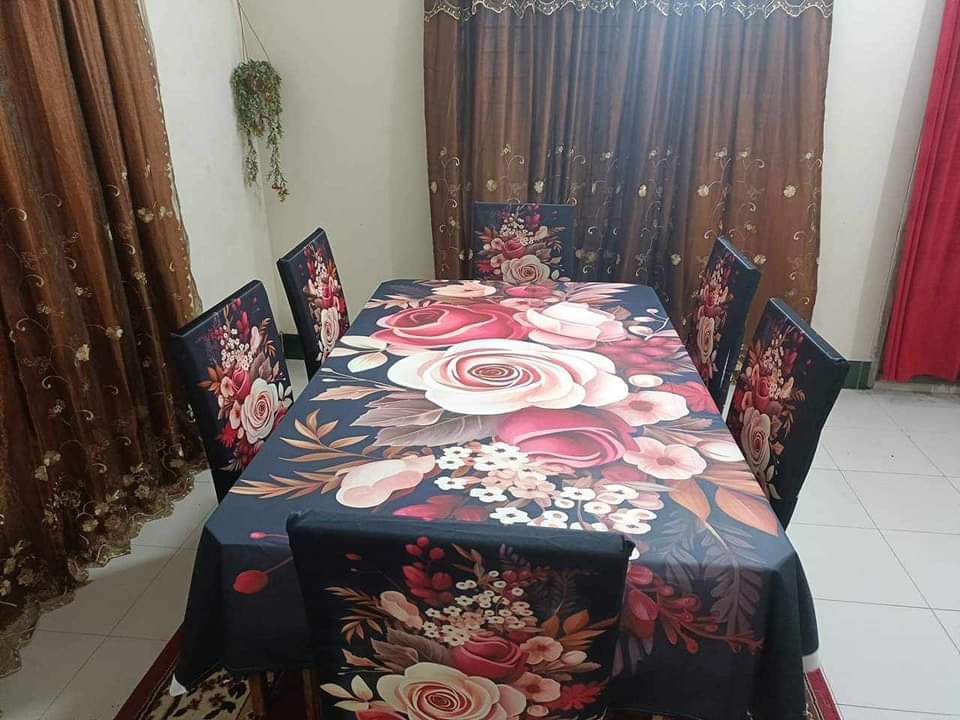 Picture of 3D digital print dining table cloth and matching 6 Chair cover full 7 pc set