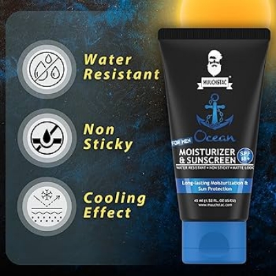 Picture of Muuchstac Mens Ocean Moisturizer & Sunscreen Matte Look Spf 18+ Cream With Turmeric & Aloe Vera Beads, Non-Sticky & Water Resistant 45 ML