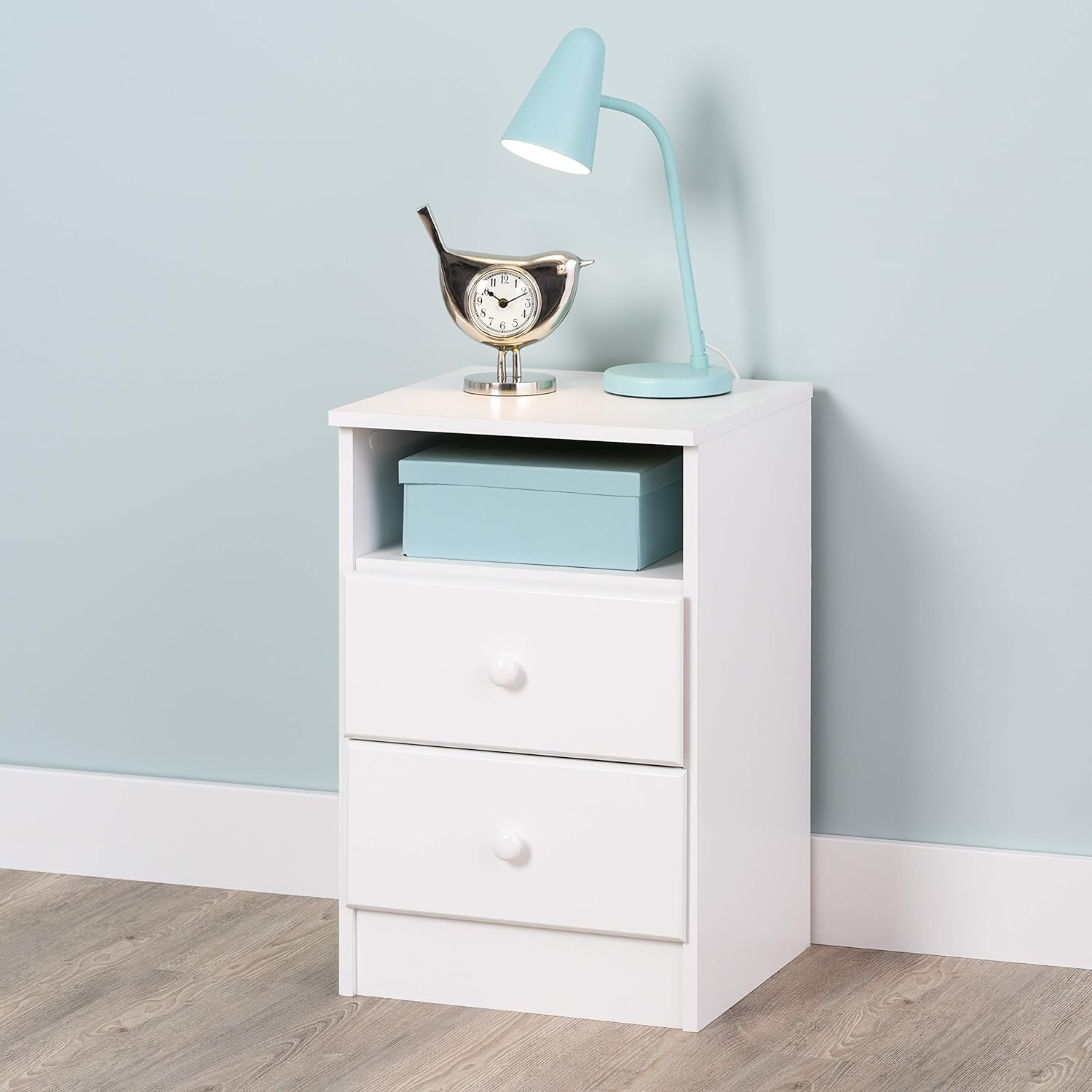 Picture of  Meraj Furniture  Prepac Astrid Simplistic Nightstand Side Table with 2 Drawers and Open Shelf, Functional Bedside Table 14" D x 16" W x 26" H,