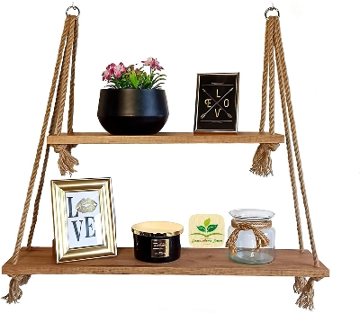 Picture of  Meraj Furniture  Macrame Wooden Handcrafted Cotton Rope Wall Hanging Shelf for Various Purposes Rustic Floating Shelves Storage Organizer for Living Room, Bathroom, Bedroom.