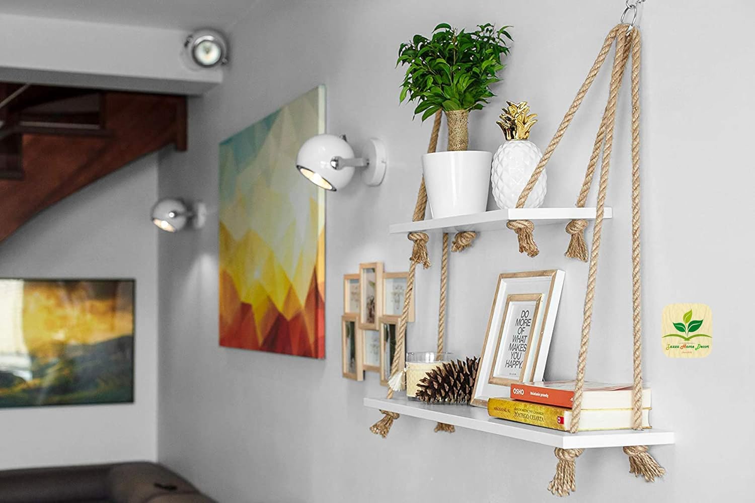 Picture of  Meraj Furniture  Macrame Wooden Handcrafted Cotton Rope Wall Hanging Shelf for Various Purposes Rustic Floating Shelves Storage Organizer for Living Room, Bathroom, Bedroom.