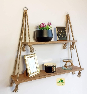 Picture of  Meraj Furniture  Macrame Wooden Handcrafted Cotton Rope Wall Hanging Shelf for Various Purposes Rustic Floating Shelves Storage Organizer for Living Room, Bathroom, Bedroom.