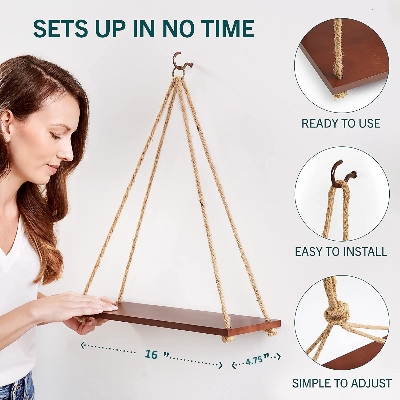 Picture of  Meraj Furniture  Hanging Shelves - Adjustable Rope Hanging Shelf, Wall Decor, Lightweight, Premium Wooden Shelf, Hanging Plant Shelf for Bedroom and Living Room (1 Pcs)