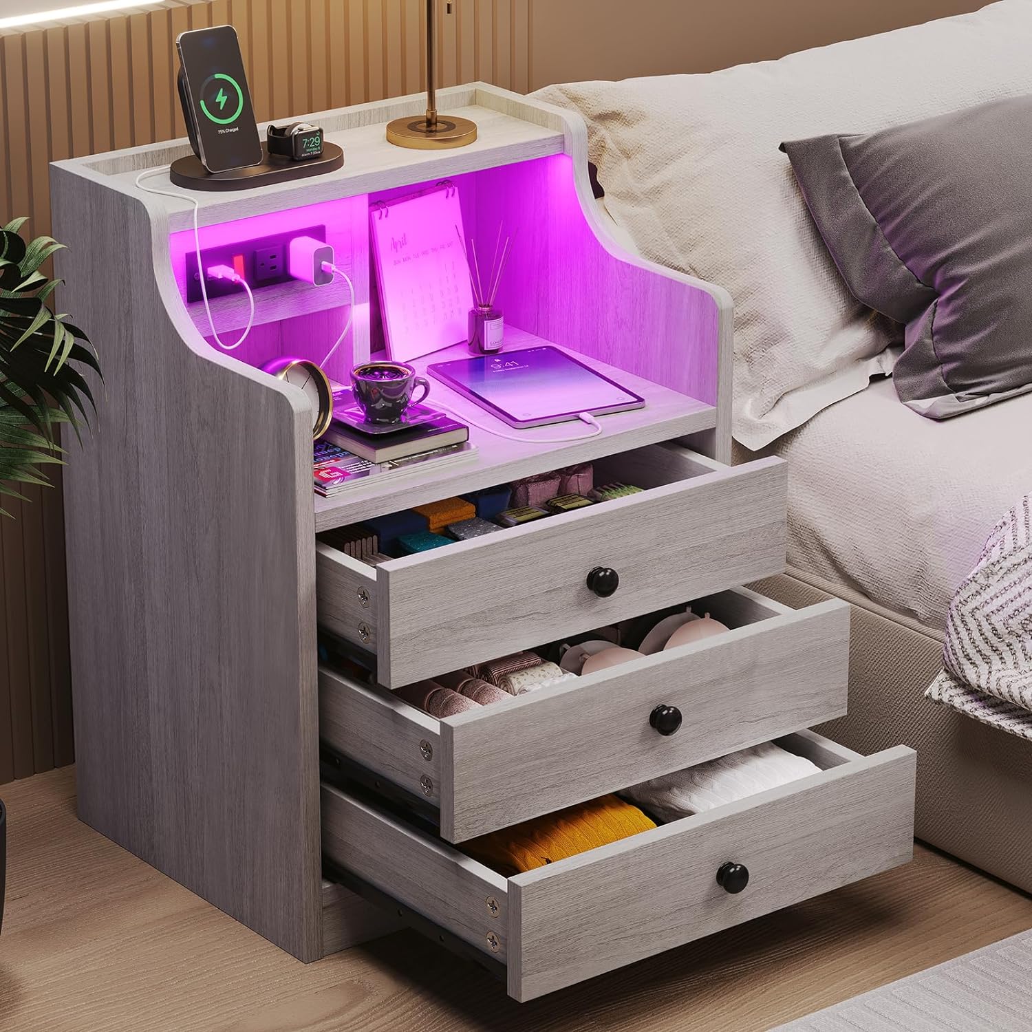 Picture of  Meraj Furniture  ADORNEVE Nightstand Without LED Lights, Night Stand with Hutch, Bedside Table with Drawers, Modern End Side Table for Bedroom,