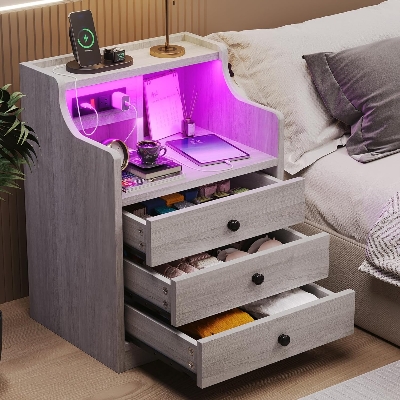 Picture of  Meraj Furniture  ADORNEVE Nightstand Without LED Lights, Night Stand with Hutch, Bedside Table with Drawers, Modern End Side Table for Bedroom,