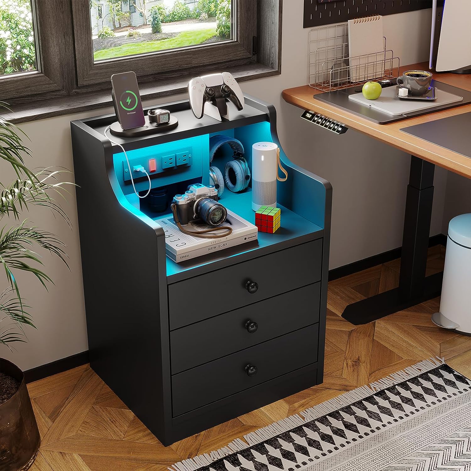 Picture of  Meraj Furniture  ADORNEVE Nightstand Without LED Lights, Night Stand with Hutch, Bedside Table with Drawers, Modern End Side Table for Bedroom,