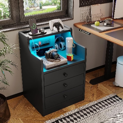 Picture of  Meraj Furniture  ADORNEVE Nightstand Without LED Lights, Night Stand with Hutch, Bedside Table with Drawers, Modern End Side Table for Bedroom,