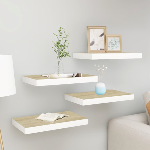 Picture of  Meraj Furniture  Floating Wall Shelves 4 pcs Oak and White 16x8 inch MDF, 4 pcs Display Rack