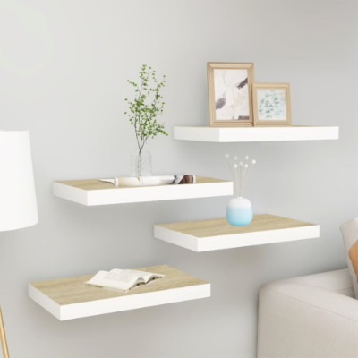 Picture of  Meraj Furniture  Floating Wall Shelves 4 pcs Oak and White 16x8 inch MDF, 4 pcs Display Rack