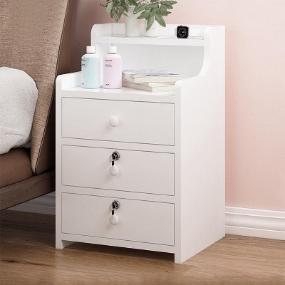 Picture of  Meraj Furniture  Simple 3 Drawer High Bedside Table, Bedroom Bedside Table Coffee Table with Lock Cabinet with Open Shelf And Lock Drawer 30X16 Inches