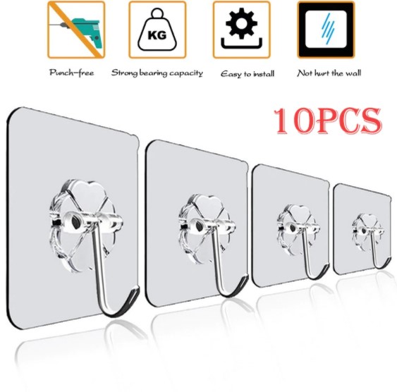 Picture of 10 pcs Adhesive Hooks Transparent Wall Hooks Waterproof Oilproof Self Adhesive Hooks Seamless Hanging Hook For Kitchen Bathroom