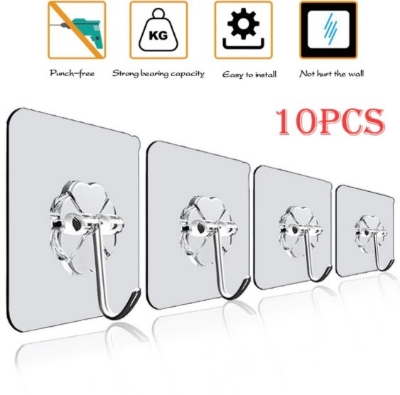 Picture of 10 pcs Adhesive Hooks Transparent Wall Hooks Waterproof Oilproof Self Adhesive Hooks Seamless Hanging Hook For Kitchen Bathroom