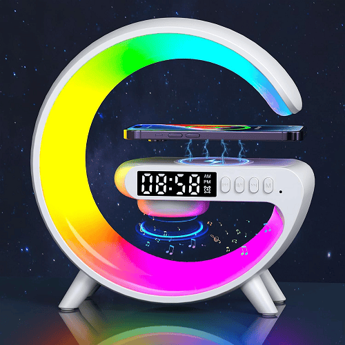 Picture of G Shape Google LED Wireless Charging RGB Bluetooth Speaker Clock and Rechargeable Table Lamp