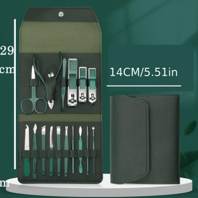 Picture of Nail Clippers Set, 16pcs Manicure & Pedicure Tools, Stainless Steel Nail Cutter Kit for men and women, with Leather Bag, Travel Grooming Kit for Facial, Cuticle and Nail Care