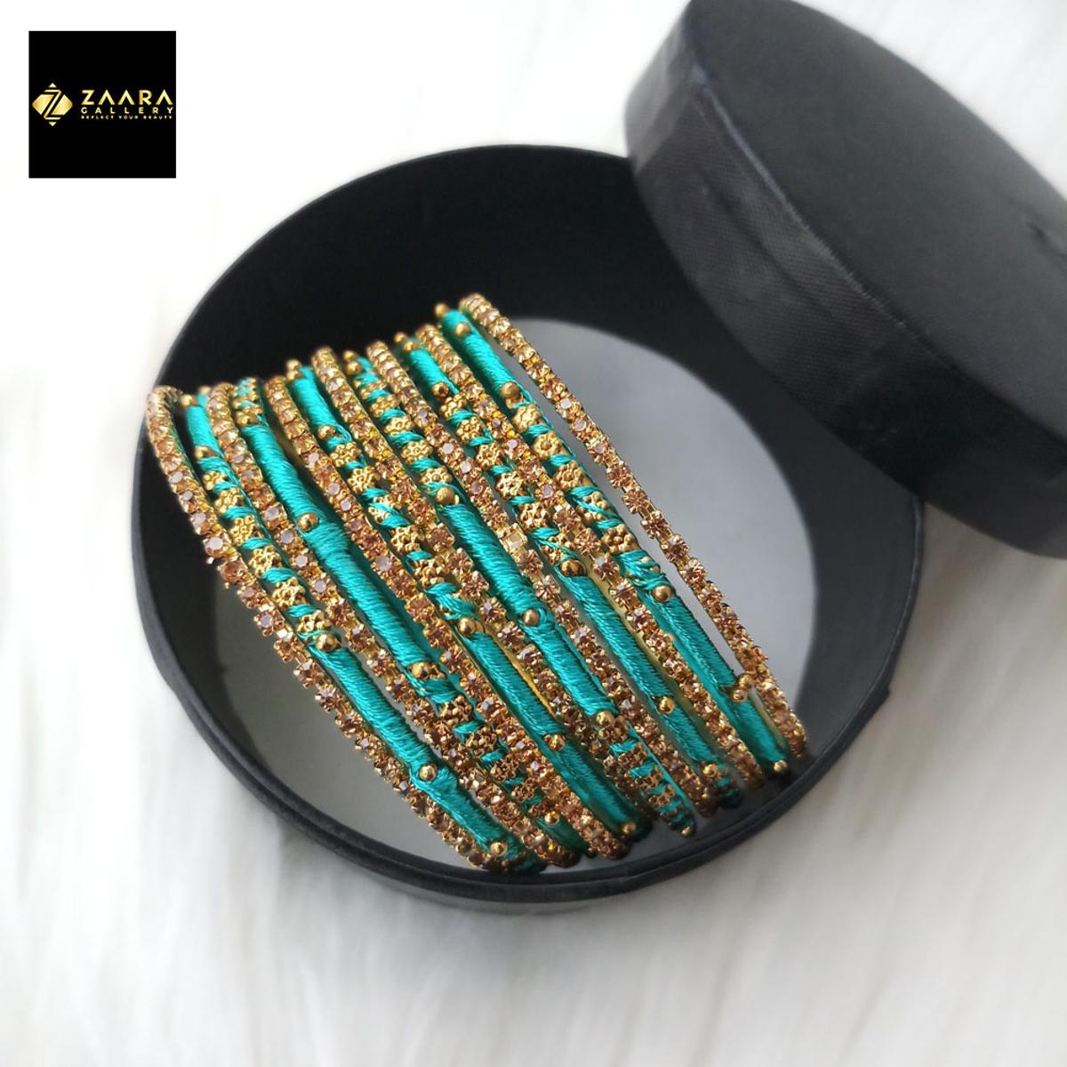 Picture of Silk Thread, stone and Metal Bangles for Women (Turquoise) (Imported) - 12 Pieces M-SKTB1011TURQUOISE - Bangles