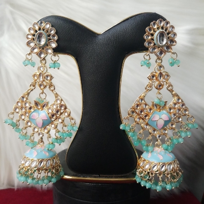 Picture of Jaypuri Meenakari Sky / Light Turquoise Earrings for Women (Imported) M-JME473 - 1 Pair - Earrings