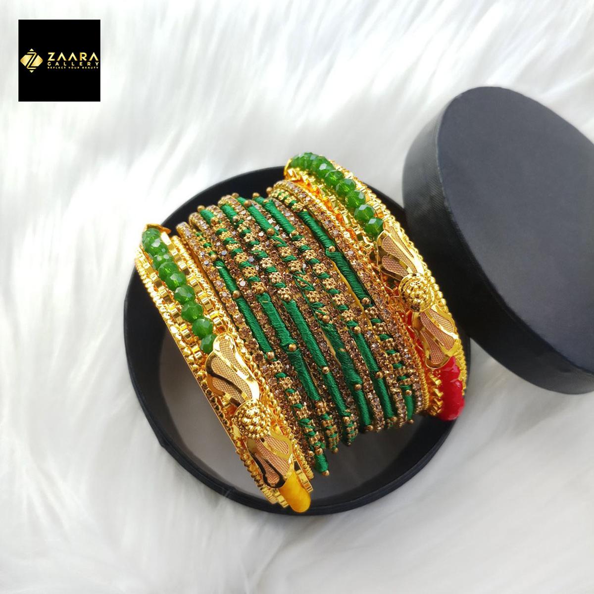 Picture of Green Crystal Beads, Silk Thread, Stone & Metal Bangles for Women (Imported) M-CSB822 - 14 Pieces Set- Innovative Bangles