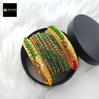 Picture of Green Crystal Beads, Silk Thread, Stone & Metal Bangles for Women (Imported) M-CSB822 - 14 Pieces Set- Innovative Bangles